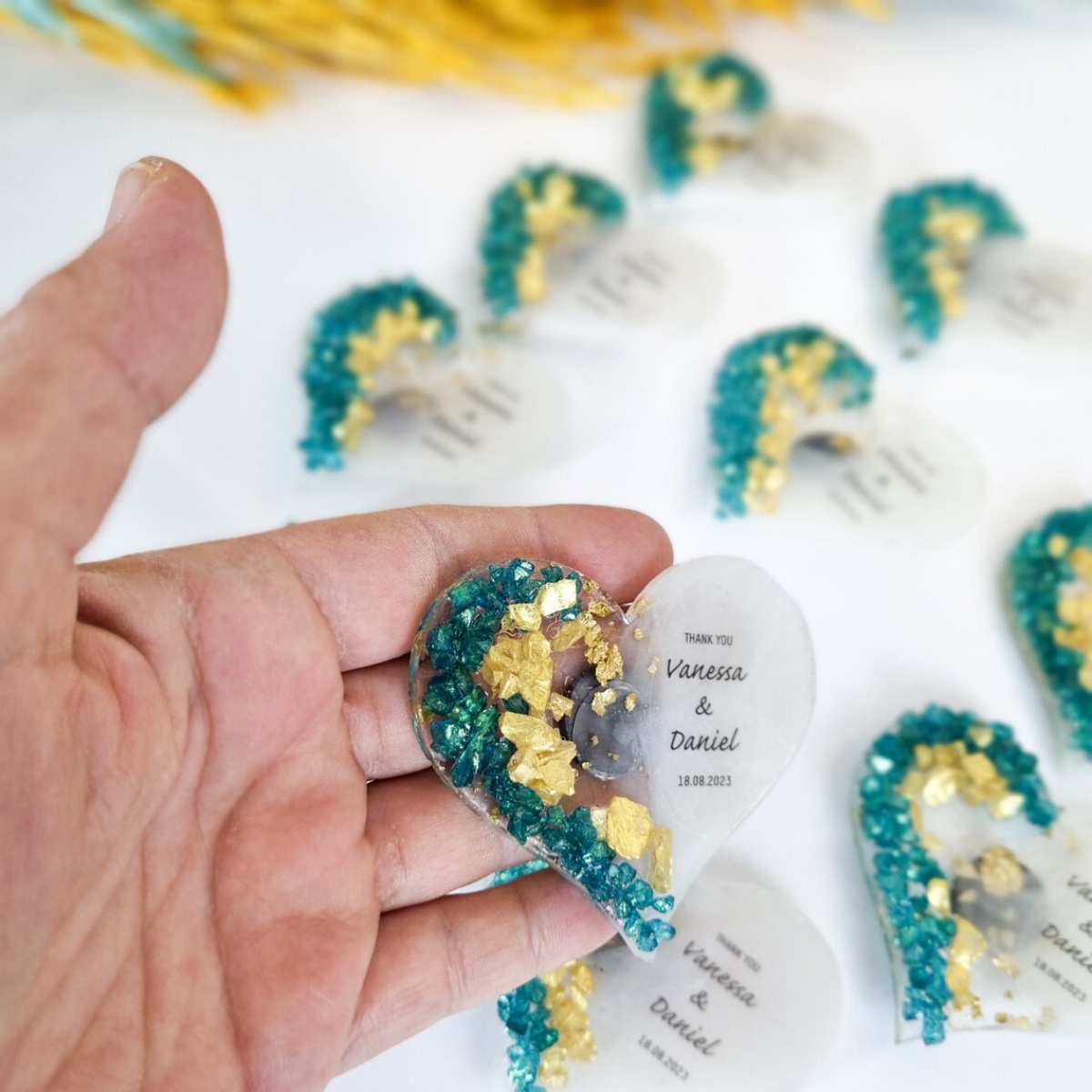 Wedding Package Gold - Hartvormige magneten bruiloftfavoren: Groen & goud